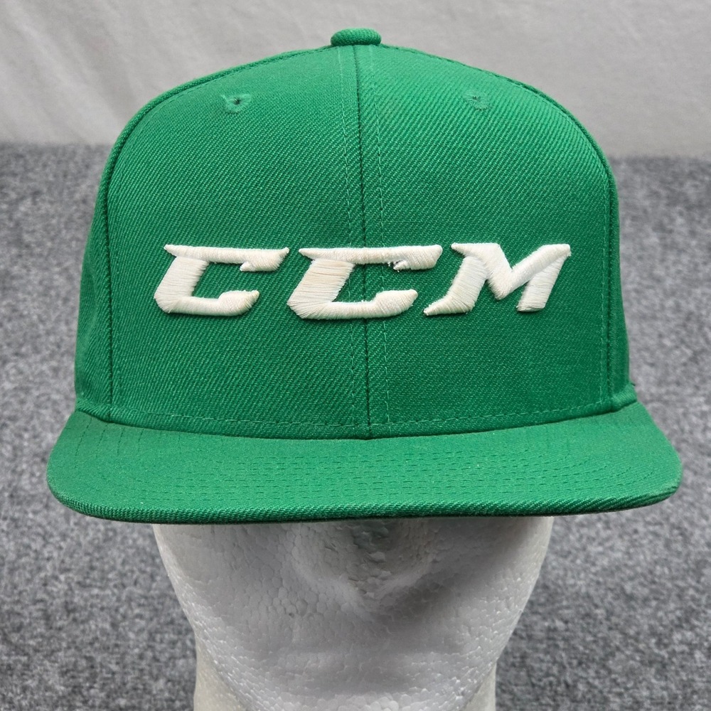 CCM Snapback Hat Green White Embroidered Logo Hockey Flat Brim Cap Streetwear